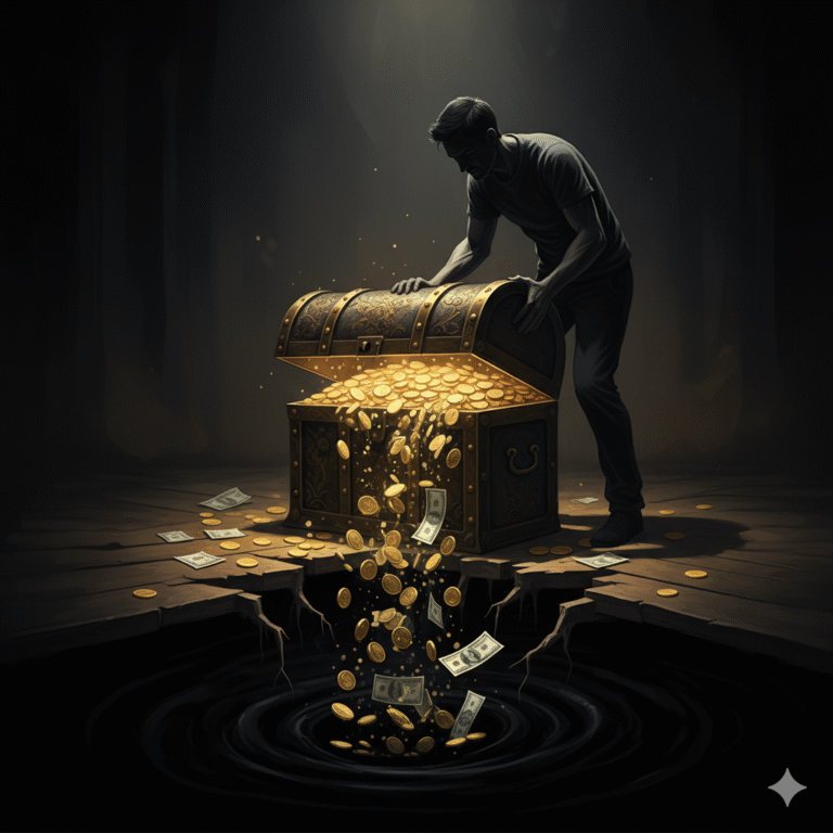 Persona llenando un cofre sin fondo que simboliza la mentalidad de escasez y el autosabotaje financiero
