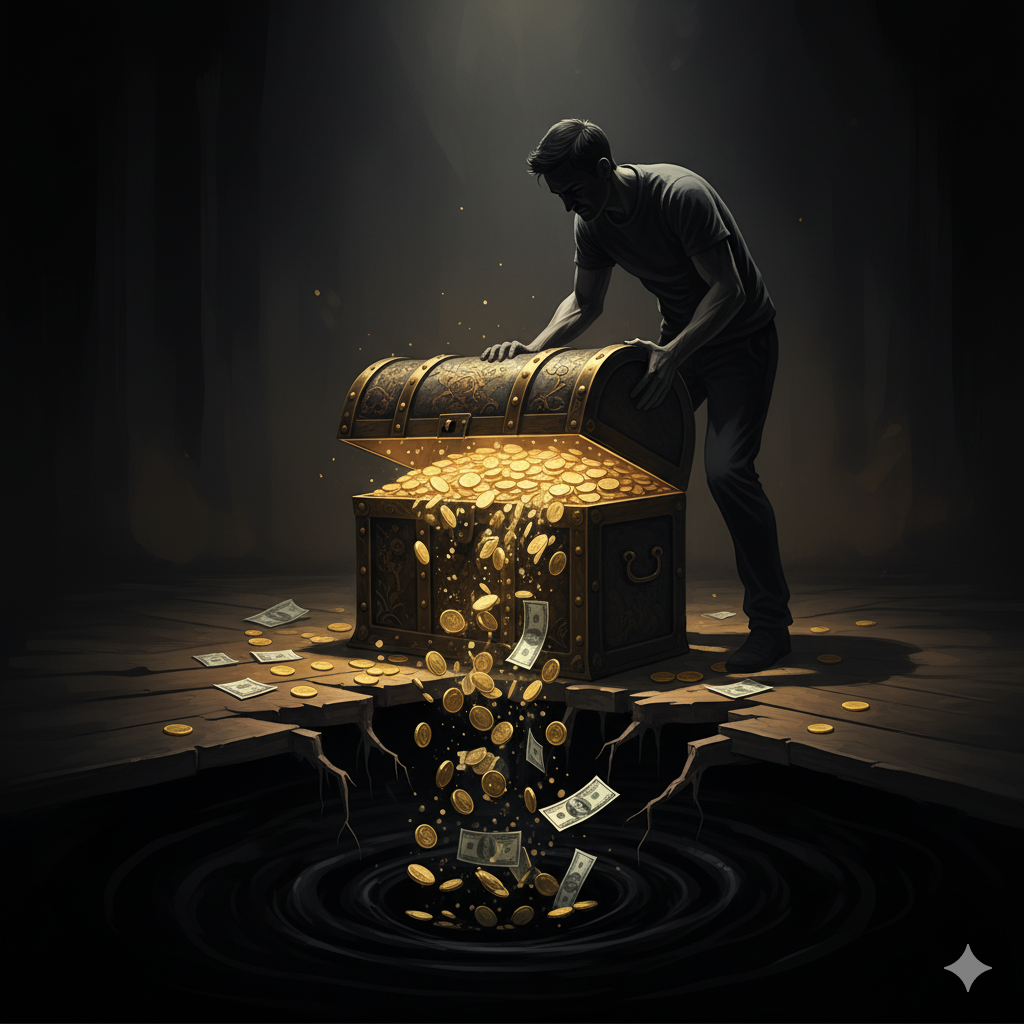 Persona llenando un cofre sin fondo que simboliza la mentalidad de escasez y el autosabotaje financiero