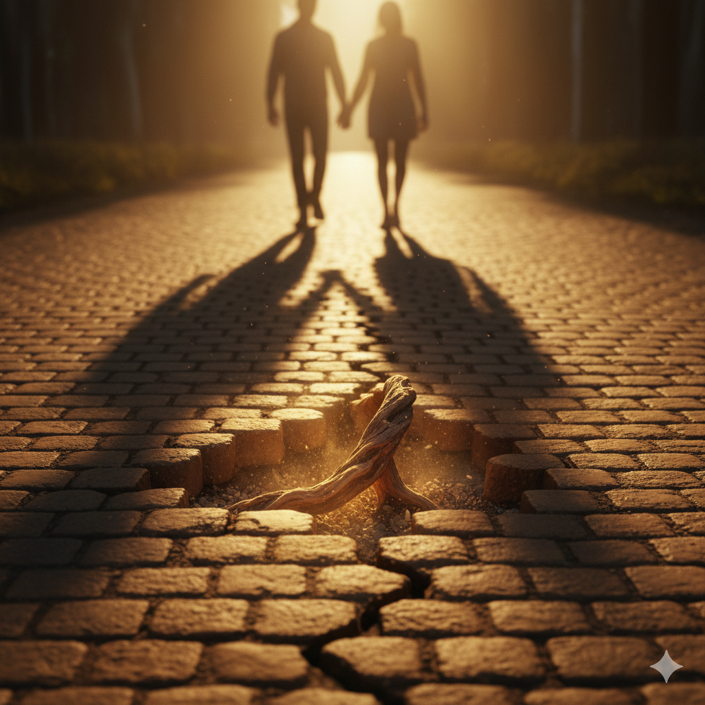 Pareja caminando sobre camino fracturado que simboliza el miedo al abandono y las señales de herida oculta